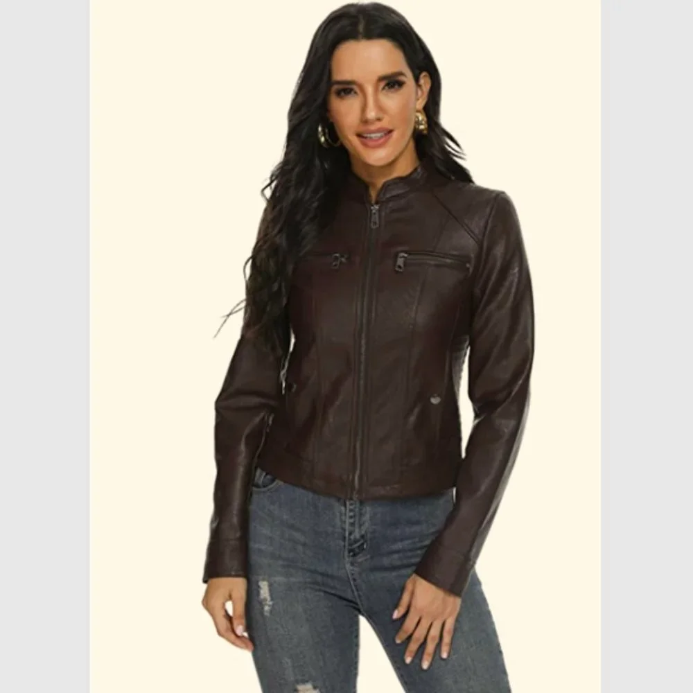 New with Tags Fahsyee Women's Zip-Up Faux Leather Jacket, Size M, Coffee Brown - Picture 9 of 13